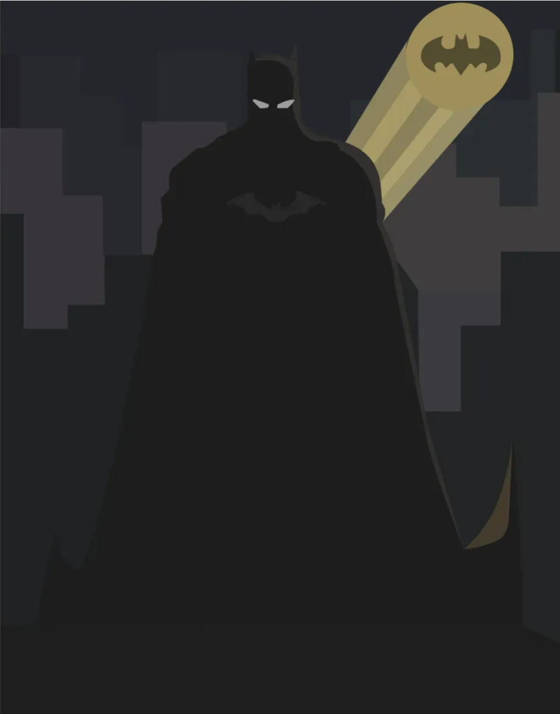 Dessin fait avec Illustrator de Batman avec la lumière ayant le bat symbol derrière lui