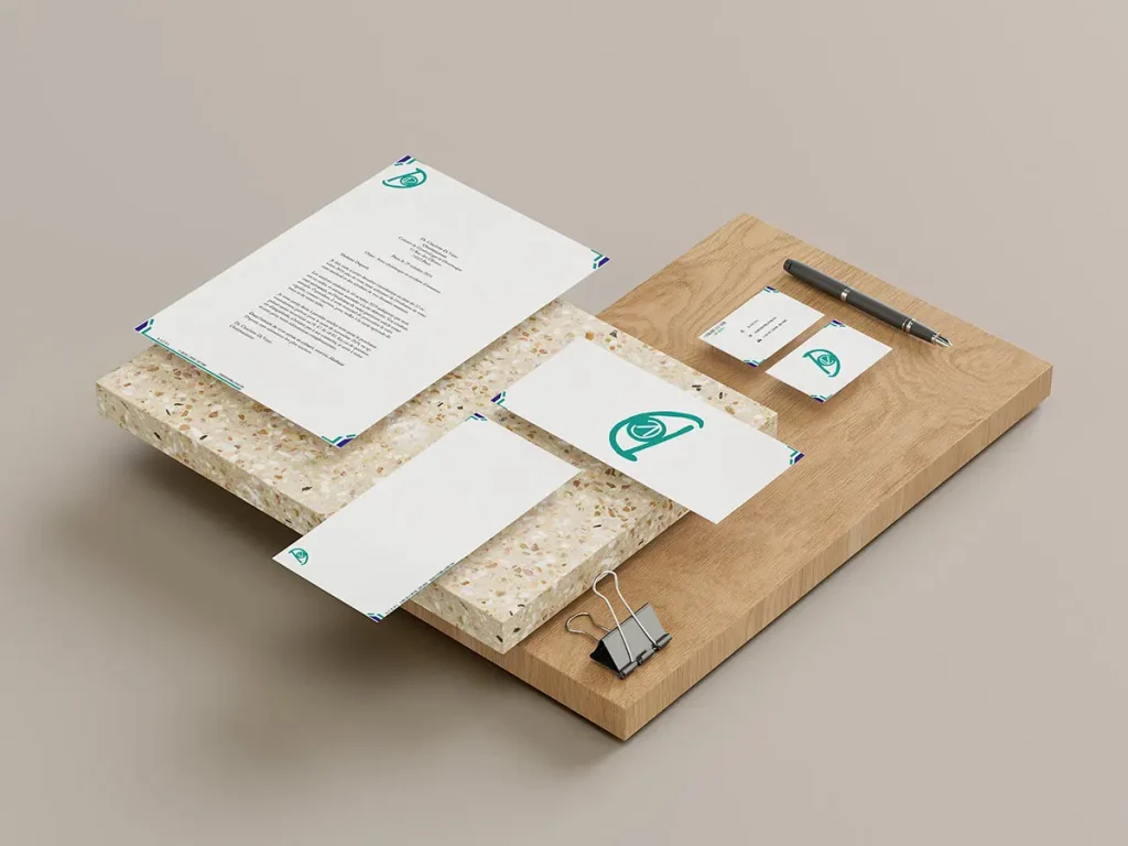 Mockup mise en situation en tête carte de visite et enveloppe pour Charlotte Di Vizio