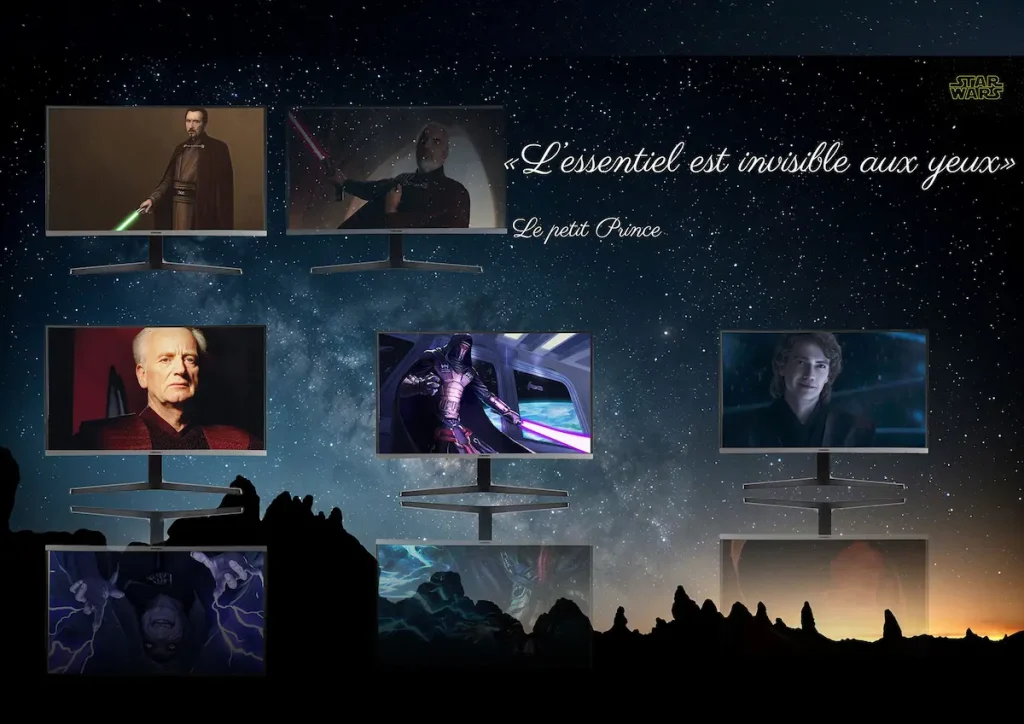 Photomontage star wars mis en relation avec le petit prince avec sur chaque écran un personnage et son équivalent en antagoniste