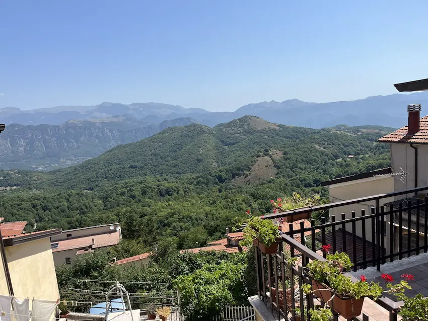 Balcon fleuri offrant une vue sur des montagnes boisées et des maisons aux toits de tuiles rouges.